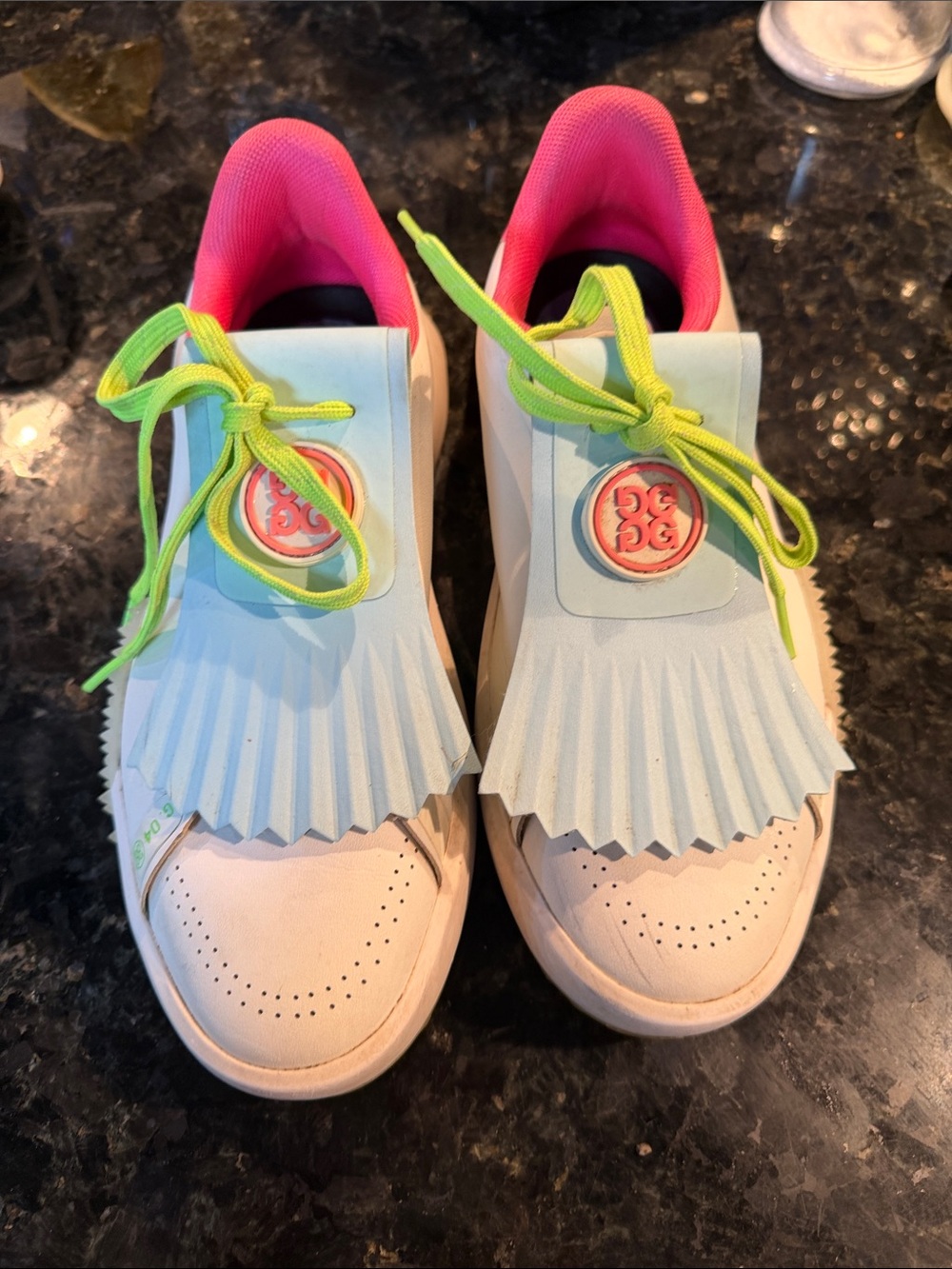 G/FORE White Athletic Sneakers with Pink Interior and Neon Green Laces
